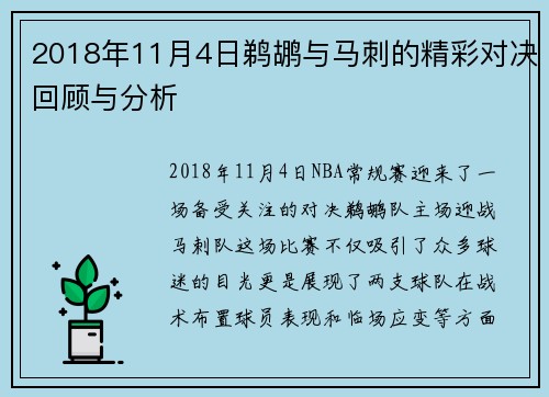2018年11月4日鹈鹕与马刺的精彩对决回顾与分析